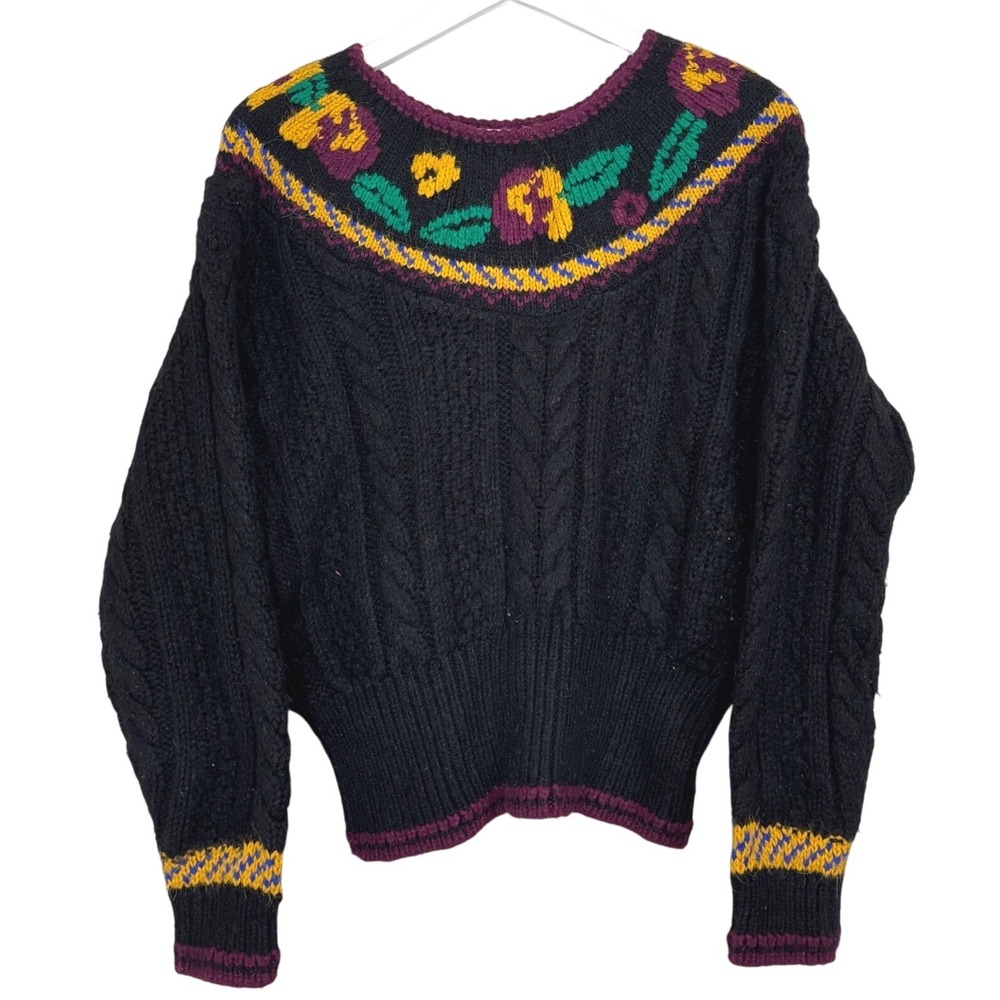 Vintage Liz Claiborne Floral Cable Knit Sweater Black Yoke Pullover Large